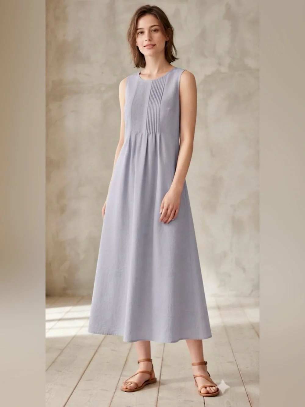 Silver gray sleeveless maxi dress pintuck detailing at the chest flowy M
